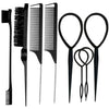 A set of eight black hair styling tools including a comb, brushes, and scissors.