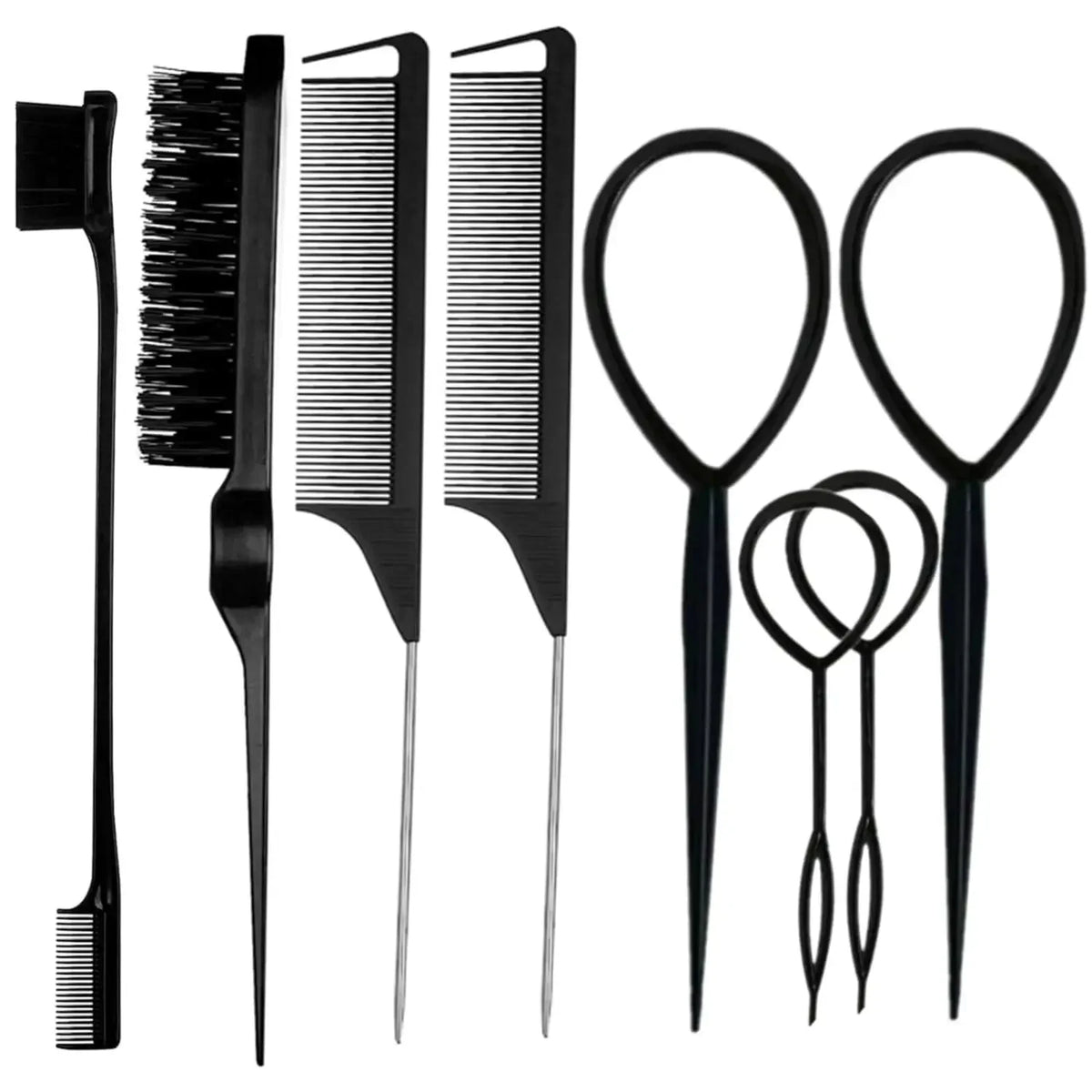 A set of eight black hair styling tools including a comb, brushes, and scissors.