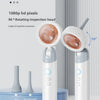 A white portable smart screen ear canal inspection camera with a rotating head and accessories displayed on a blue stand.