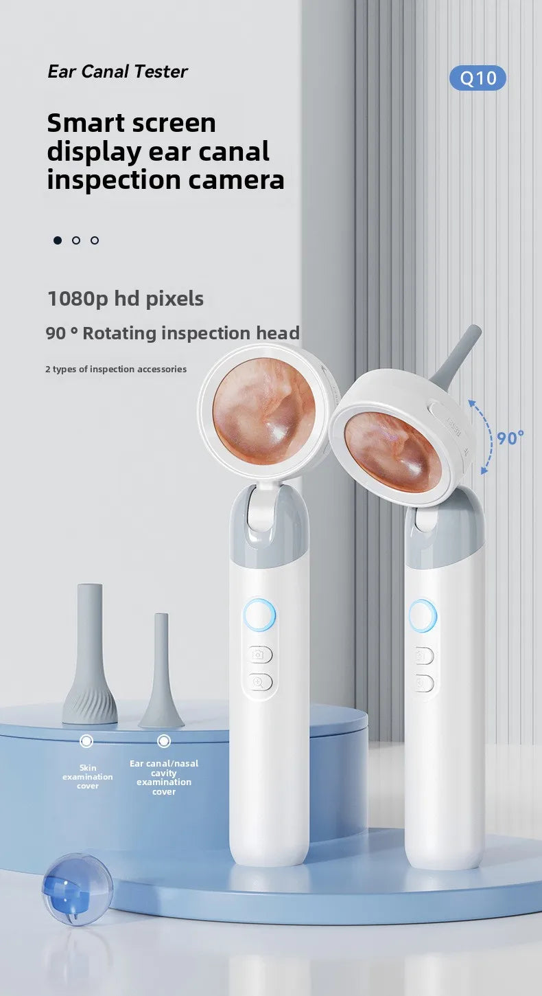 A white portable smart screen ear canal inspection camera with a rotating head and accessories displayed on a blue stand.