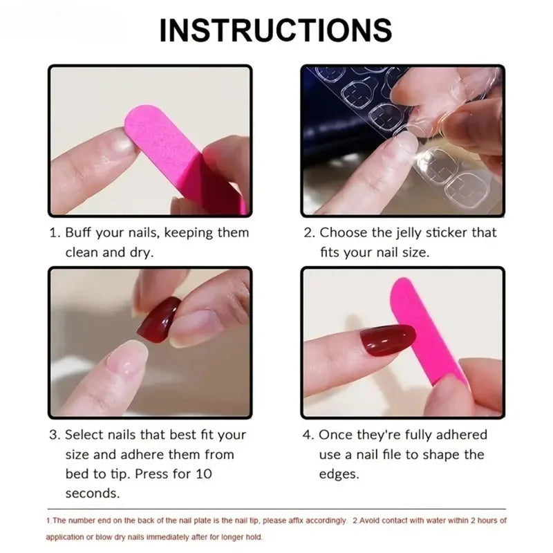 Instructions for applying pink cat eye false nails with 3D floral and butterfly designs