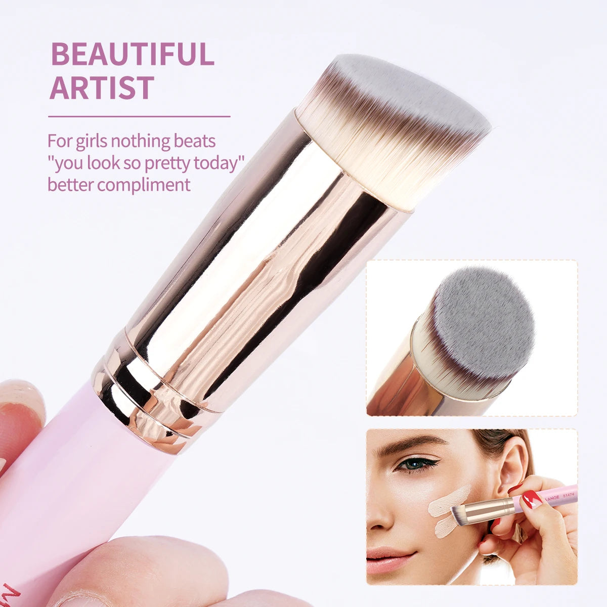 A pink makeup brush is shown next to a close-up of the brush head and a woman using it for makeup application.