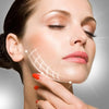 A woman's face shows a lymphatic contour technique with white dots and lines on the cheekbone area.