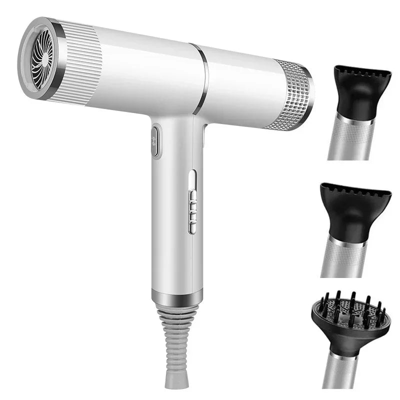 A silver professional infrared blow dryer with a detachable nozzle and various attachments.