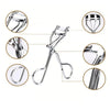 Stainless steel eyelash curler clips shown with various angles and close-ups.