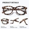 A pair of tortoiseshell leopard print square reading glasses shown in various angles.