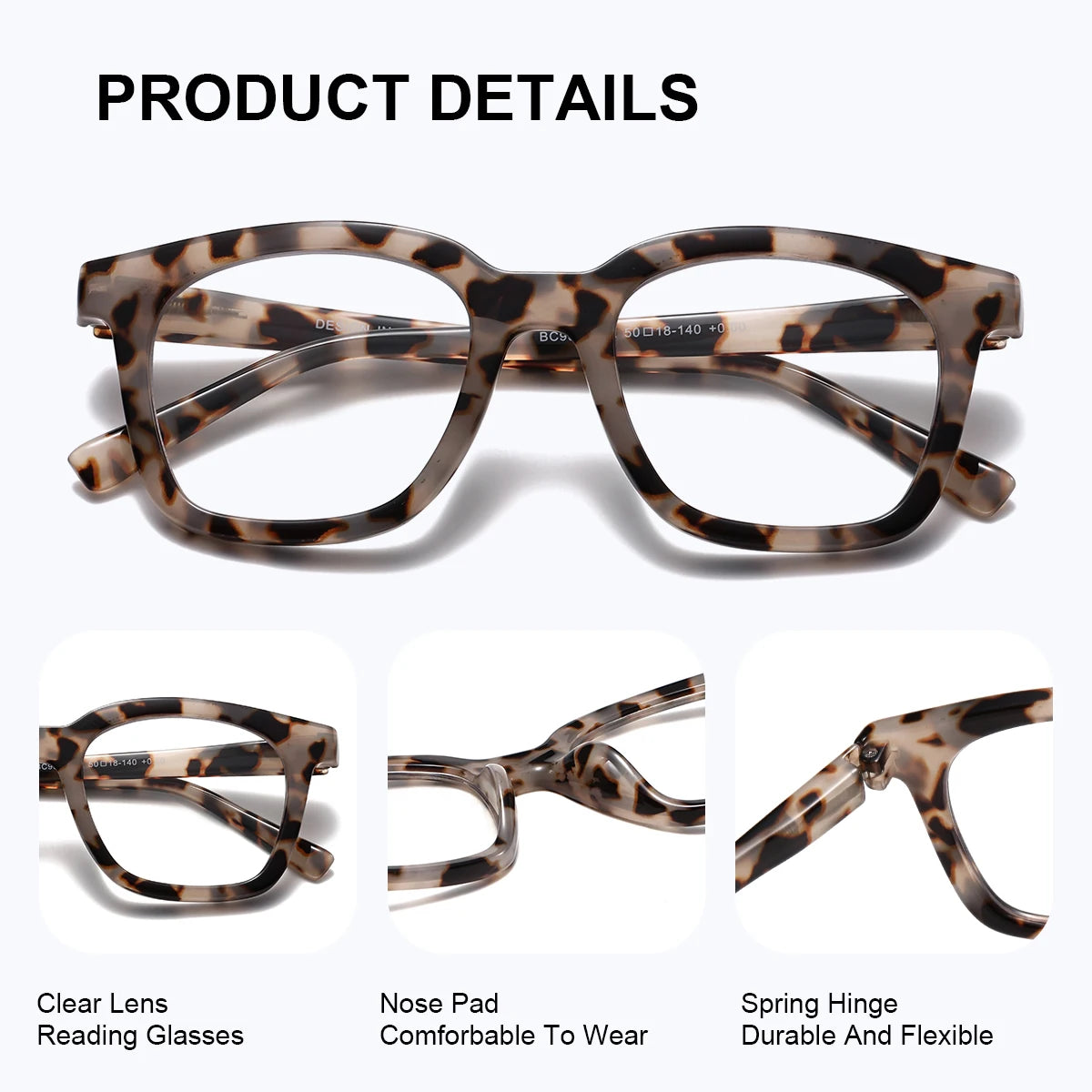 A pair of tortoiseshell leopard print square reading glasses shown in various angles.
