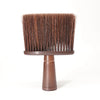 A brown soft bristle hair duster brush with a wooden handle.