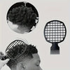 A black hair comb is shown being used on a person's haircut, with another view of the comb itself.