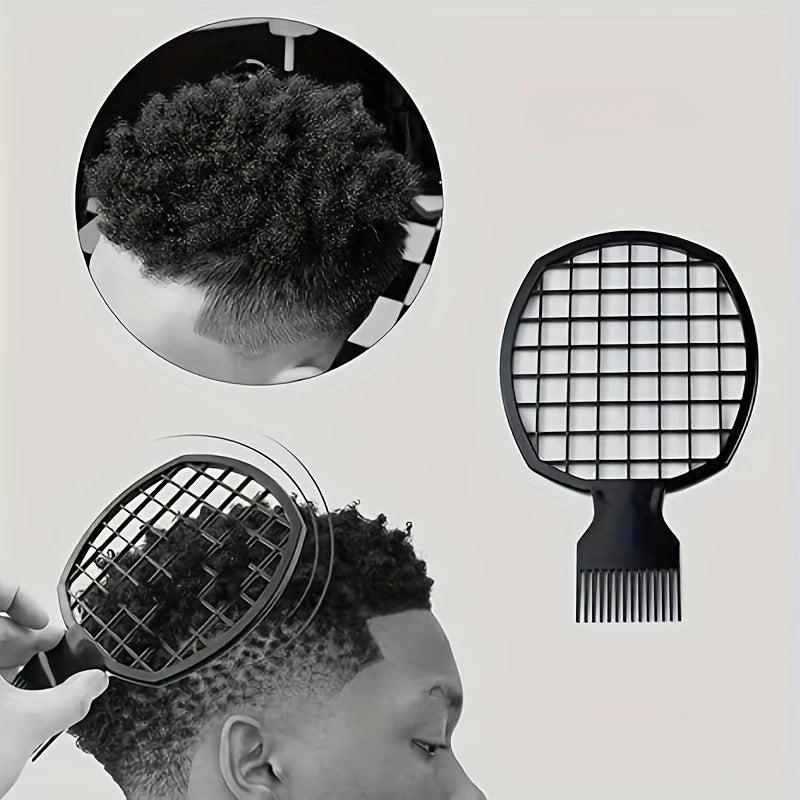 A black hair comb is shown being used on a person's haircut, with another view of the comb itself.