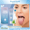 Oralhoe Tongue Coating Cleaning Gel kit showing a woman's mouth with tongue coating applied