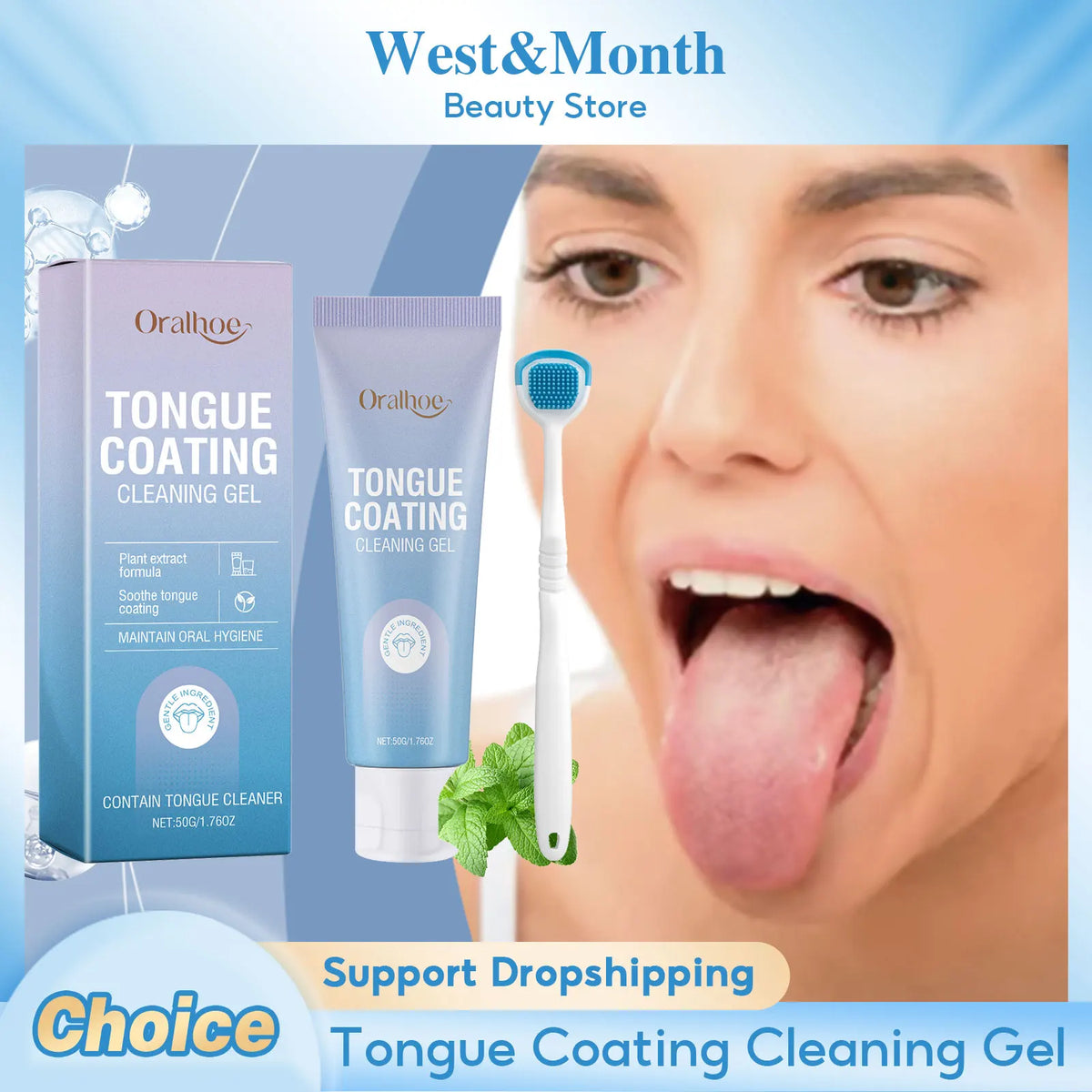Oralhoe Tongue Coating Cleaning Gel kit showing a woman's mouth with tongue coating applied