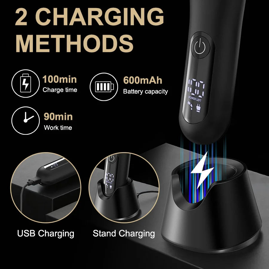 A black precision electric body and hair trimmer shown with options for USB charging and stand charging.