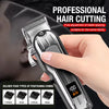 A hand holds a professional electric hair clipper with various blade spacings and combs for precision hair cutting.