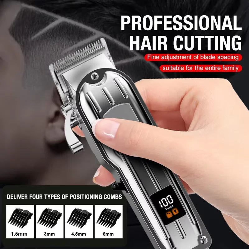 A hand holds a professional electric hair clipper with various blade spacings and combs for precision hair cutting.