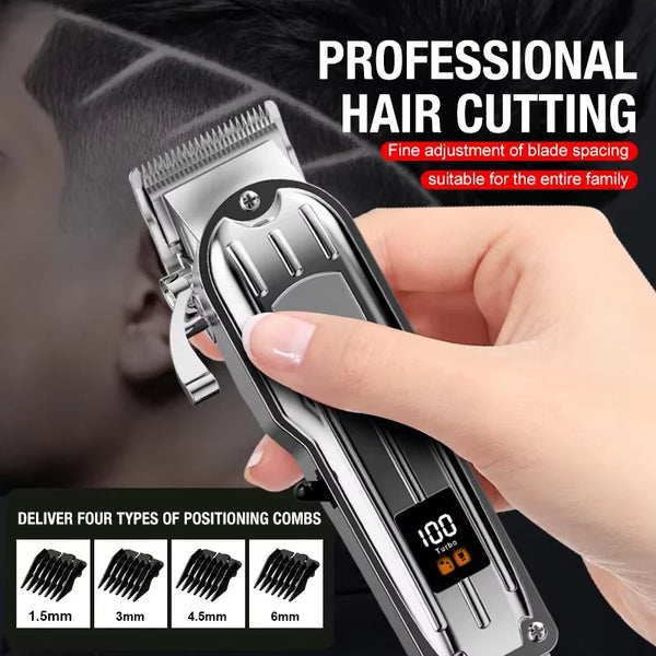 A hand holds a professional electric hair clipper with various blade spacings and combs for precision hair cutting.