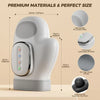 A white electric hand massager with a padded grip and various massage buttons shown next to size measurements.