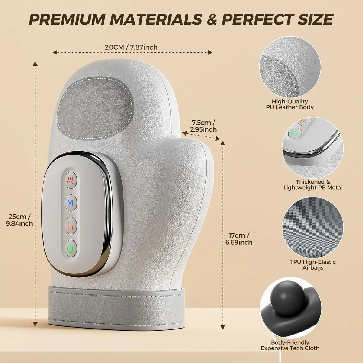 A white electric hand massager with a padded grip and various massage buttons shown next to size measurements.