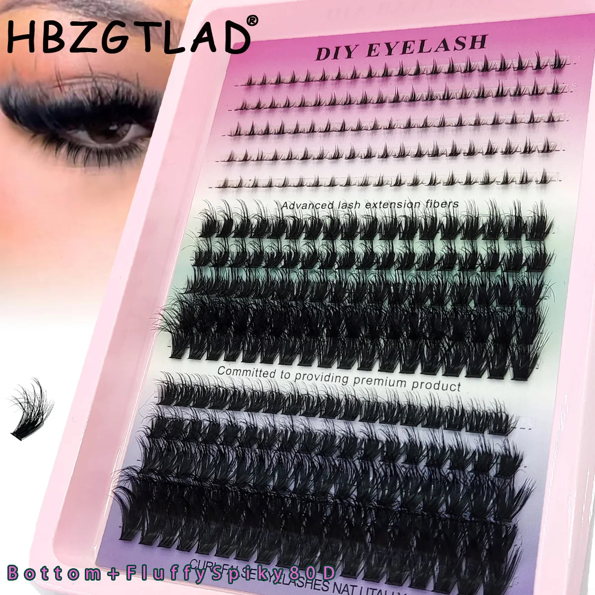 Affichage de fibres pour extensions de cils DIY, montrant divers styles et grappes de cils.