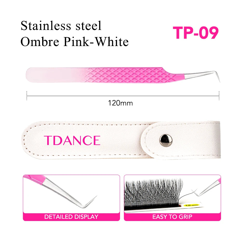 Pince à cils en acier inoxydable ombre rose-blanc avec poignée TDANCE et affichage détaillé.