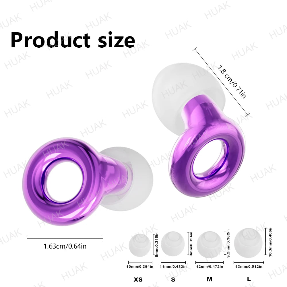 Purple silicone ear plugs shown in various sizes XS to L for noise reduction