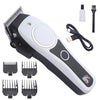 A professional LCD hair clipper set includes a main body, various guards, and a charging cable.
