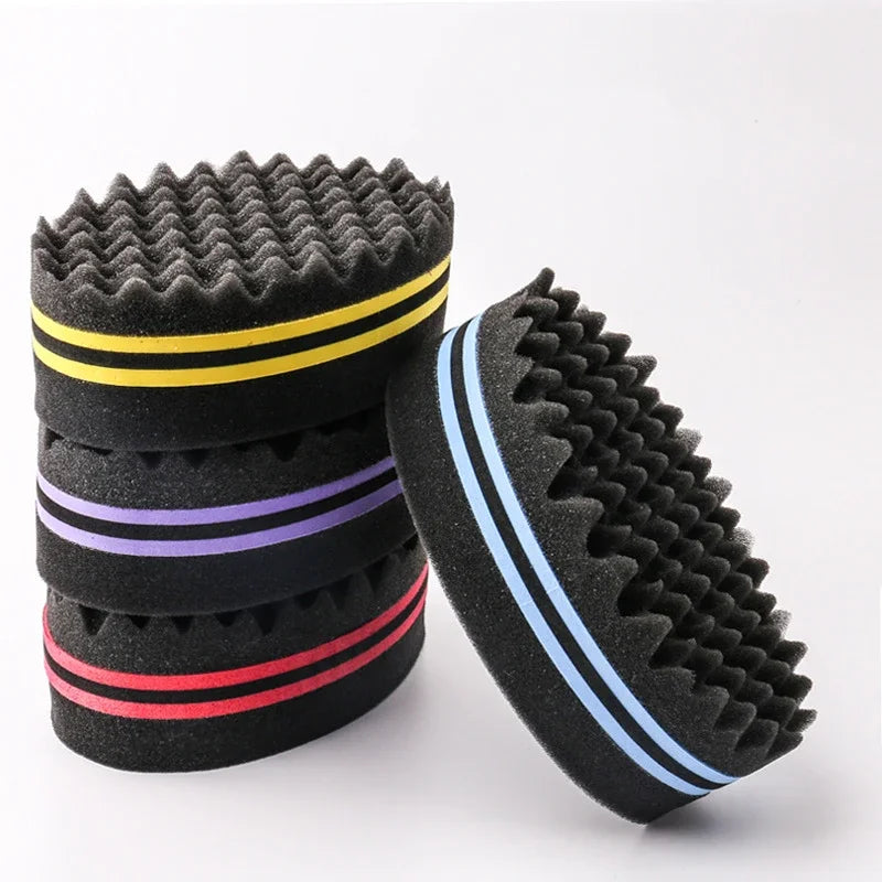 A stack of black hair braiding brushes with yellow and purple stripes.