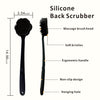 Black silicone back scrubber with a massage brush head, soft bristles, ergonomic handle, non-slip design, and hanging hole.