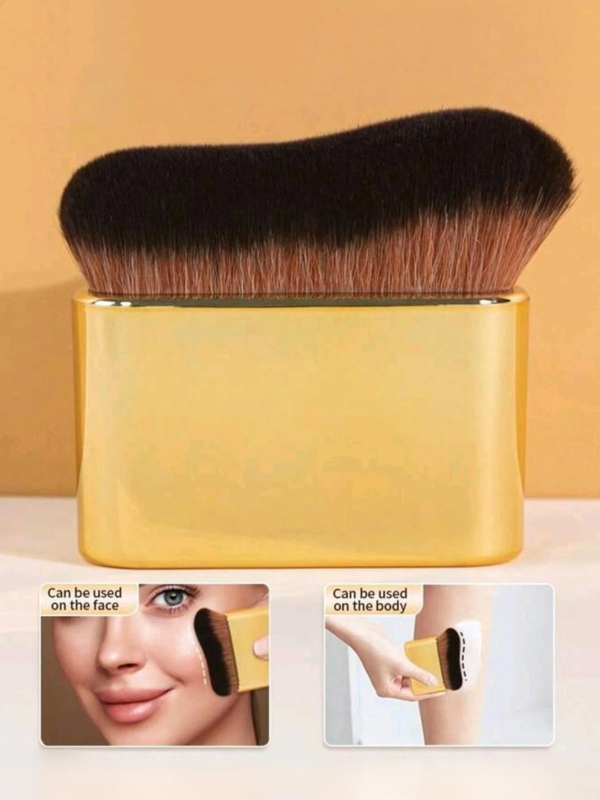 Un set de pinceaux de maquillage rose or avec poils noirs et dorés, montré avec des exemples d'utilisation sur le visage et l