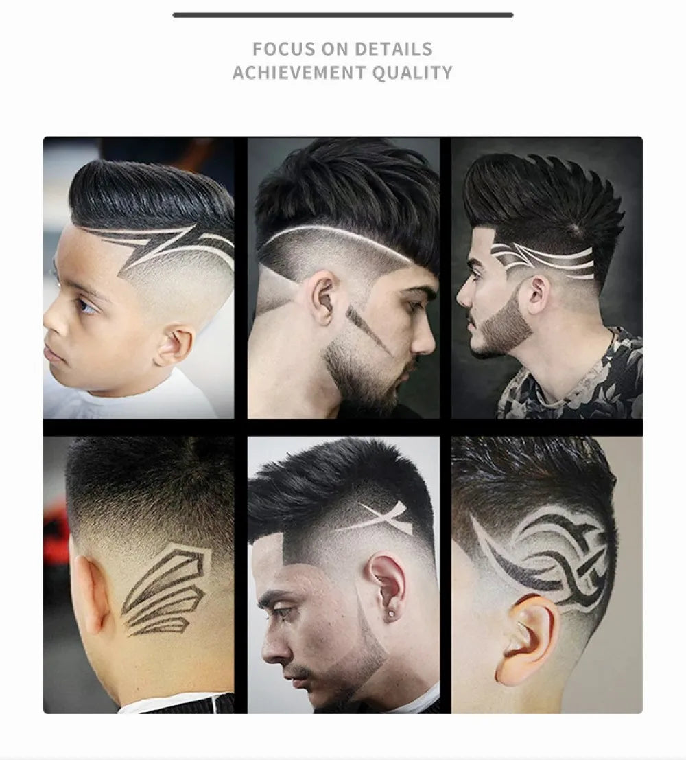 A collage of men's haircuts showcasing various fade and line designs on the side profile.