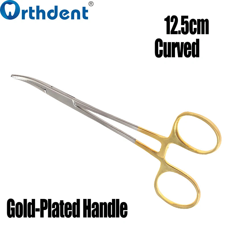 A pair of 12.5cm curved gold-plated dental hemostatic forceps.