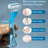 A blue multifunctional women's razor with multiple blades for hair removal shown next to diagrams illustrating use on arm, fe
