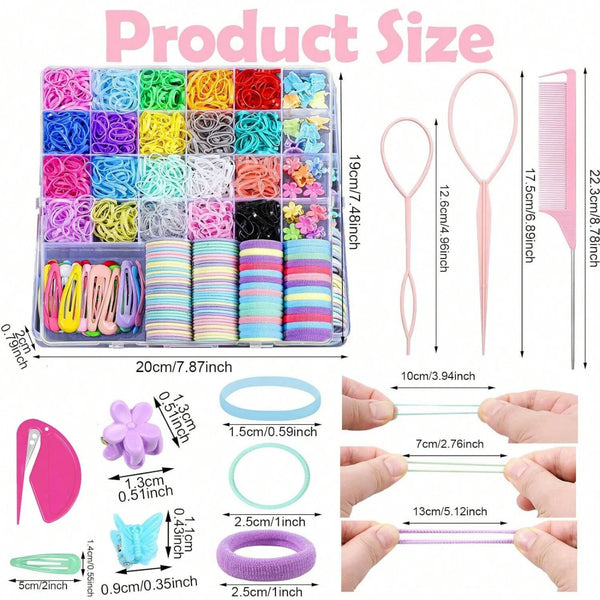 A variety of colorful elastic hair ties and hair accessories are displayed in a clear plastic container.