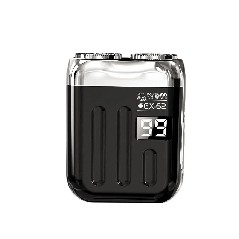 A black portable electric shaver with a silver cap and branding on the top.