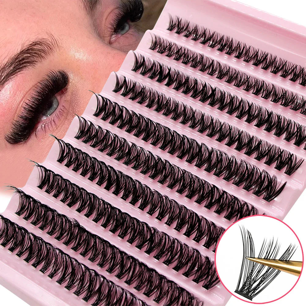A pink lash tray with black cluster lashes is shown next to a person's eye for application.