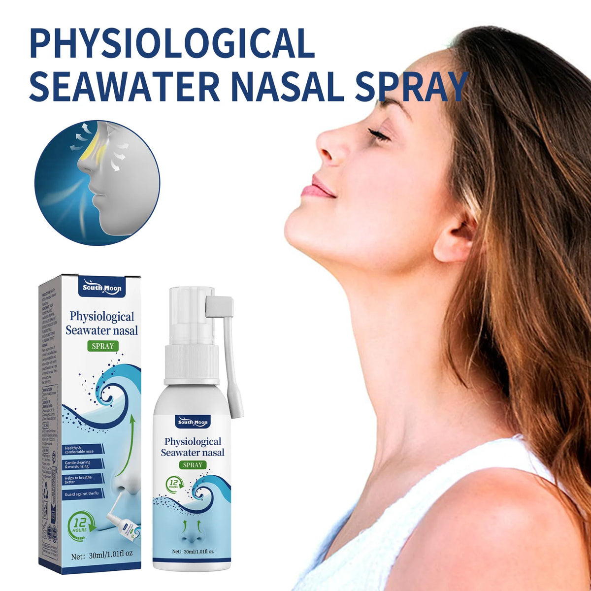 Une femme utilise un spray nasal à base d'eau de mer physiologique pour nettoyer le nez.