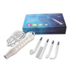 A portable high-frequency electrotherapy wand kit with various attachments shown next to its box.