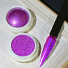 Two round pots of vibrant purple holographic chrome nail glitter powder displayed in a light wooden box.