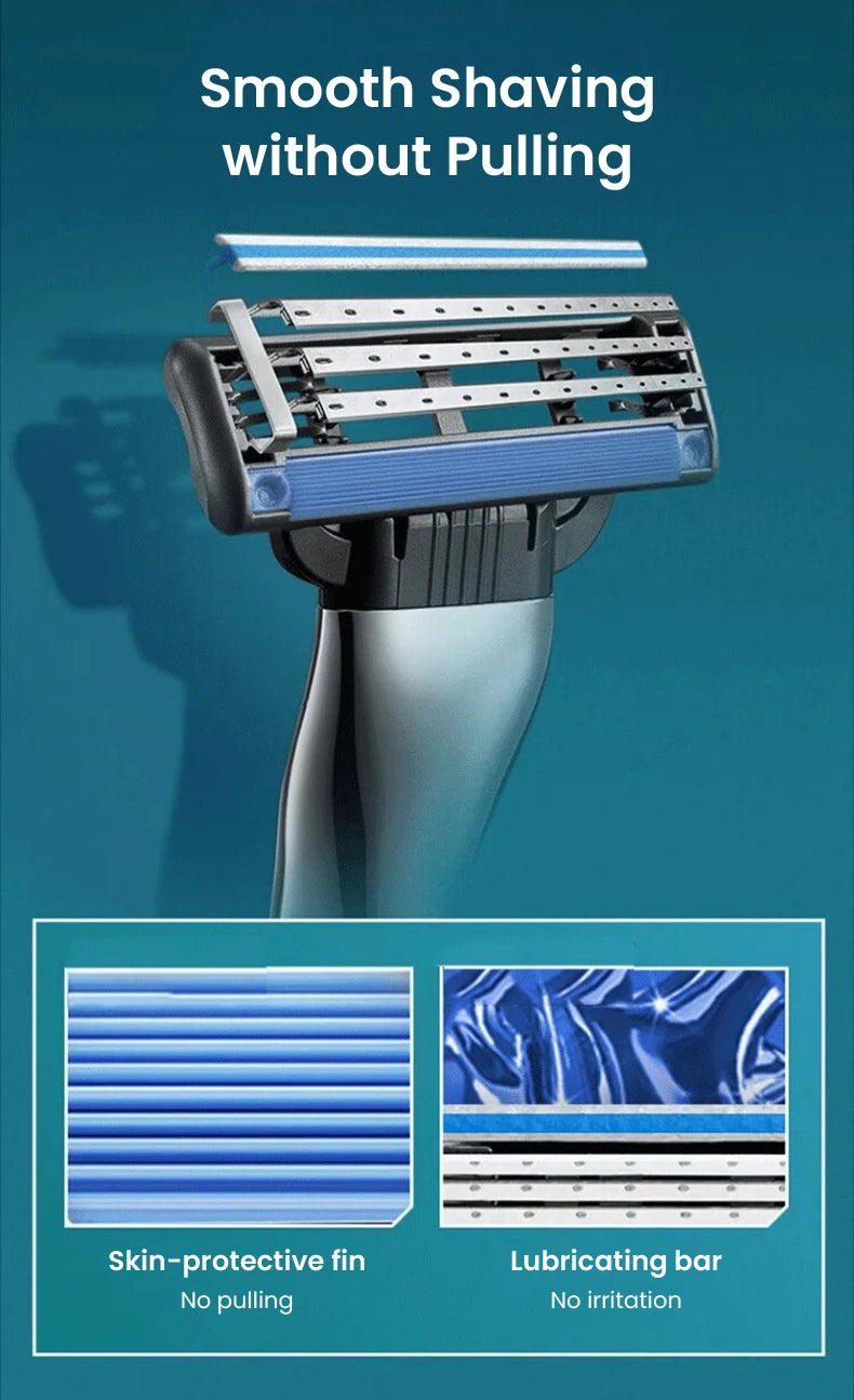 A close-up of a professional shaving razor showing skin-protective fins and a lubricating bar for smooth shaving.