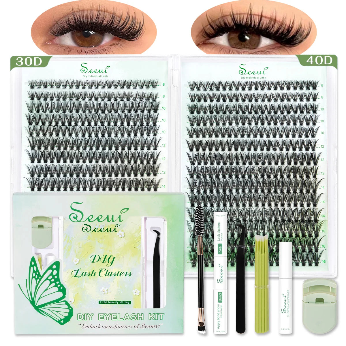 A kit for DIY eyelash clusters featuring synthetic lash extensions and tools for natural look hair extensions.