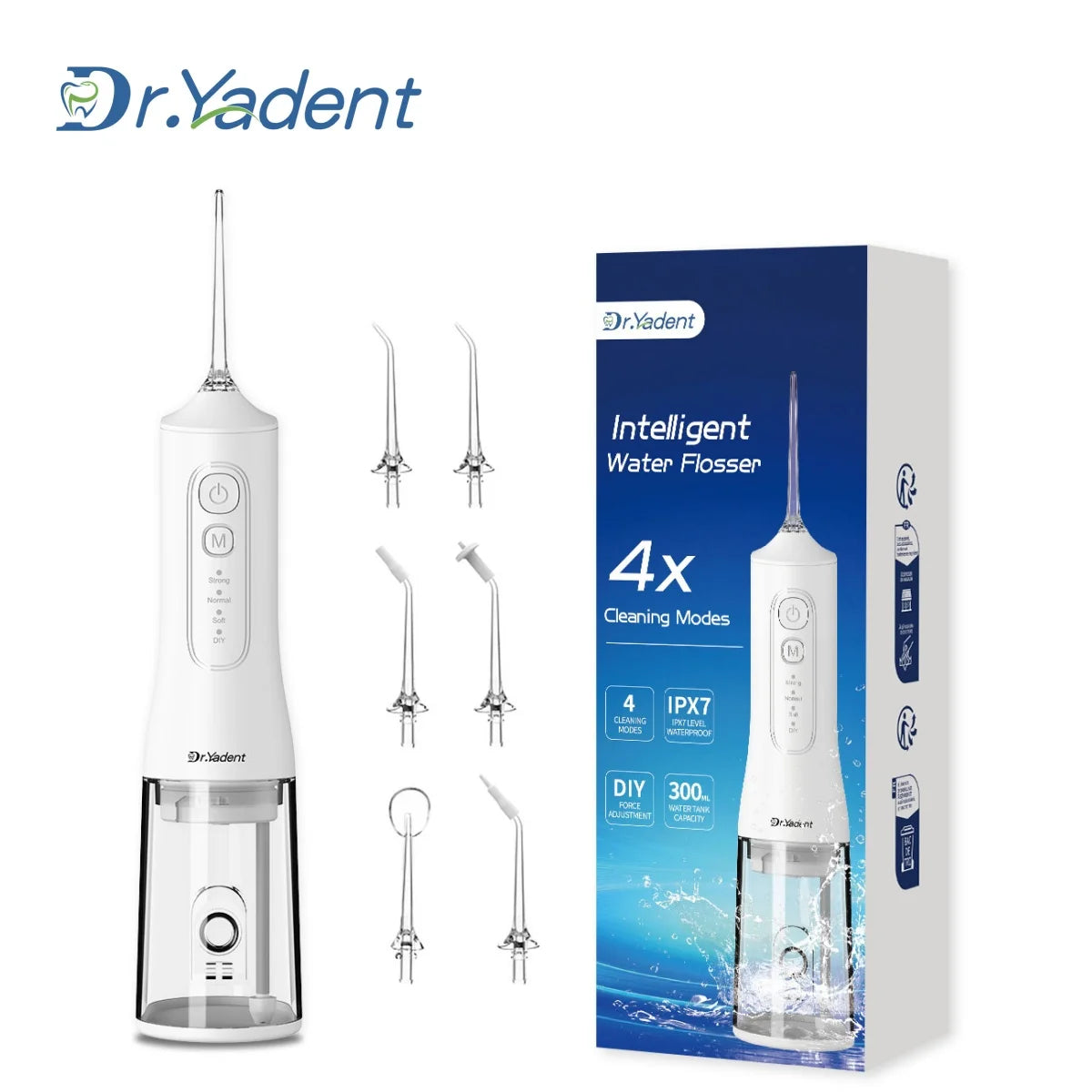 A white intelligent water flosser device with a clear reservoir and various tips is shown next to its packaging box.
