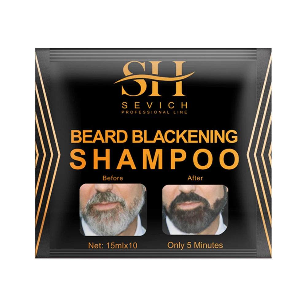Packaging for Sevich Beard Blackening Shampoo showing before and after results.