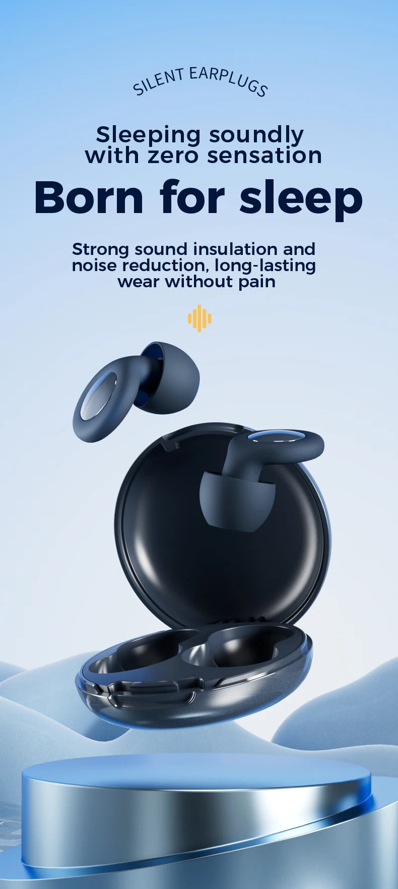 A pair of dark blue silicone earplugs shown with their packaging, emphasizing sound insulation and noise reduction.