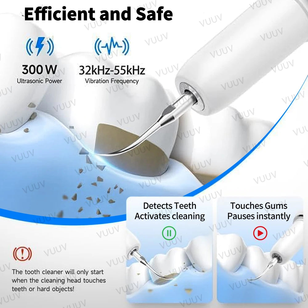 A white ultrasonic dental scaler is shown cleaning teeth, demonstrating its efficient and safe operation.