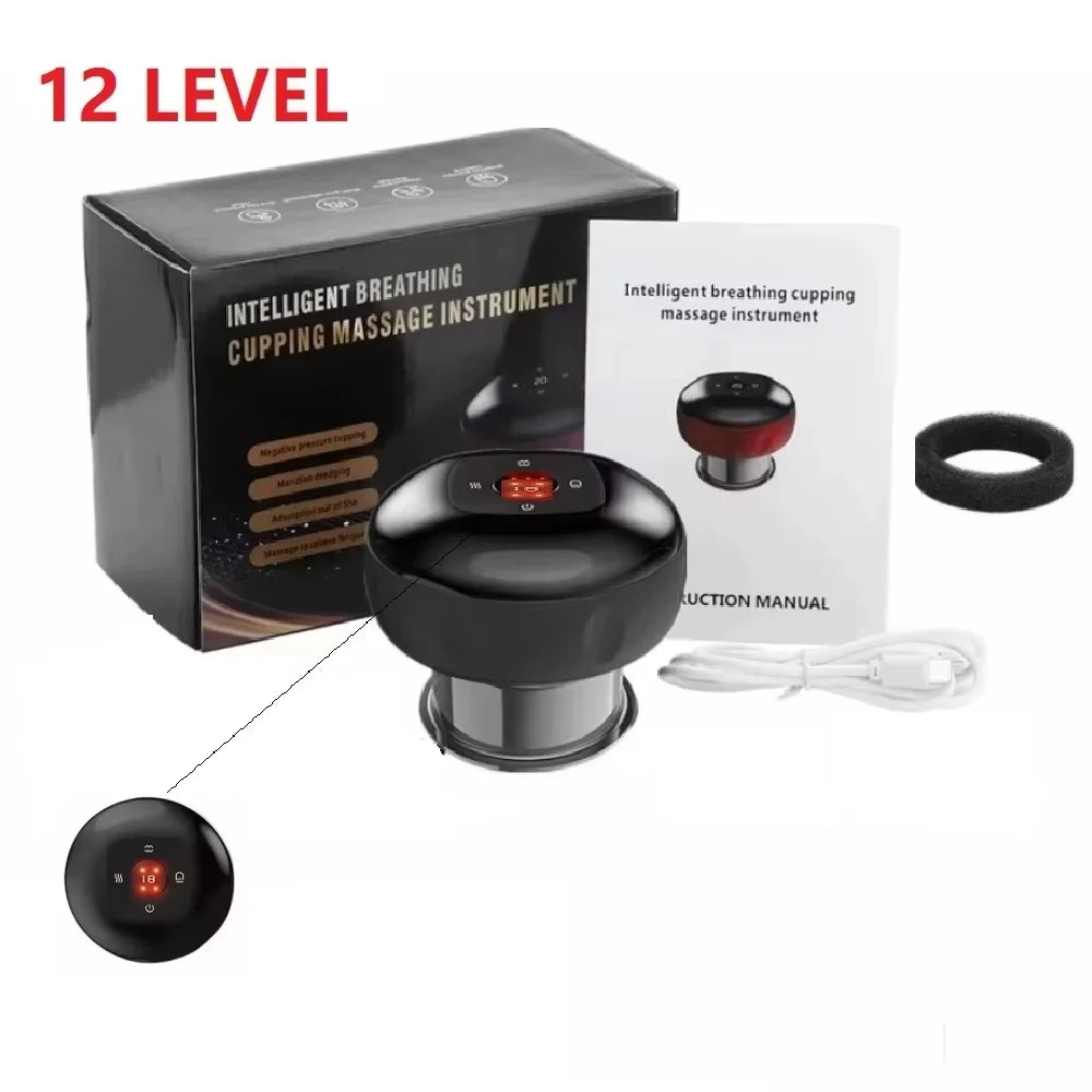 A black electric cupping massage instrument box, device, and manual are shown.
