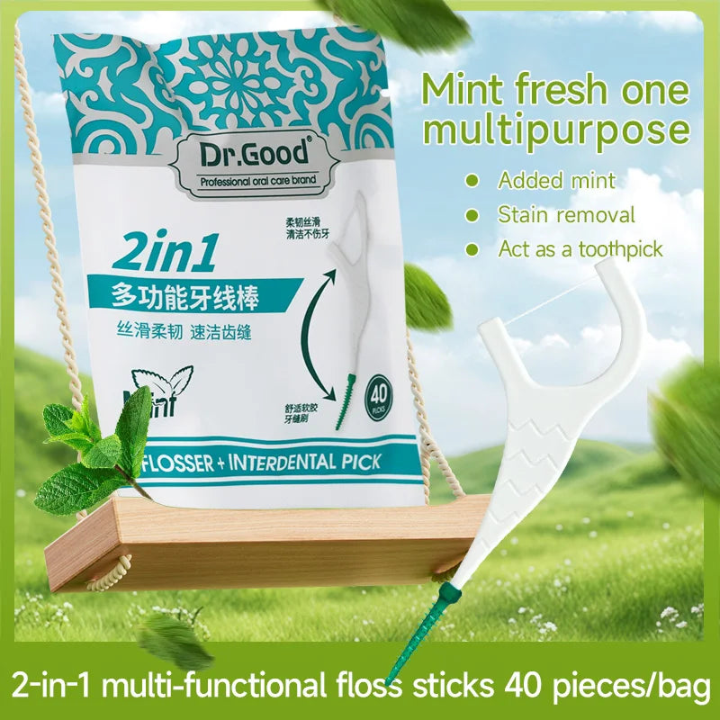 Pack of 40 Dr.Good 2-in-1 multipurpose floss sticks and interdental picks shown with fresh mint leaves.