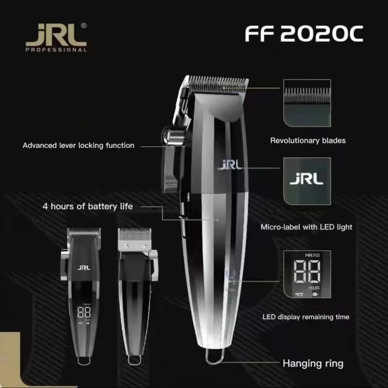 A JRL FF 2020C professional hair clipper shown with various components and a hanging ring.