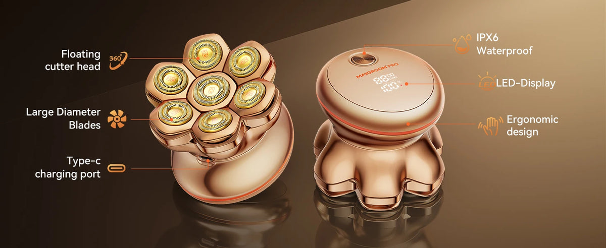 A close-up view of a rose gold electric head shaver with floating cutter heads and an LED display.