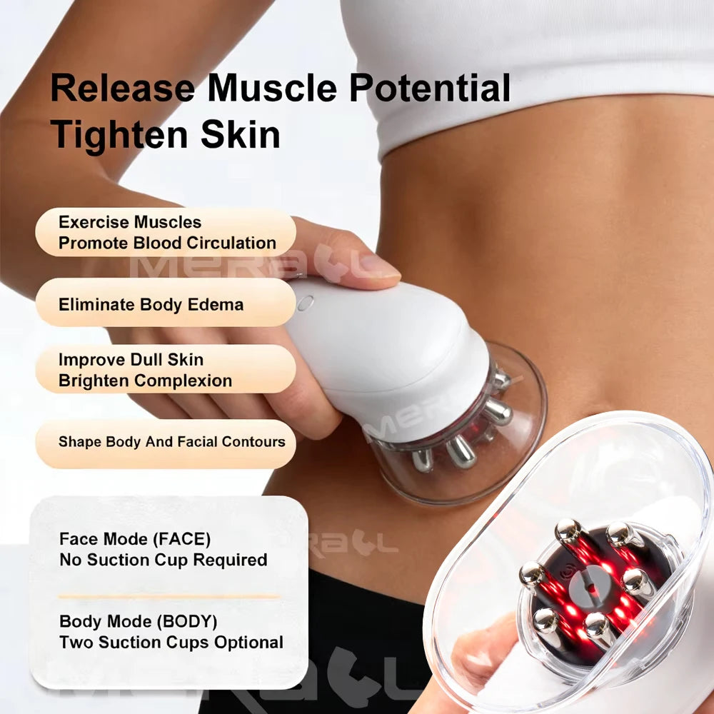 A hand holds a white EMS fat cellulite massager device, showing its face mode and body mode options.