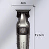 A silver cordless hair trimmer is shown with dimensions of 4cm in height and 15.5cm in length.